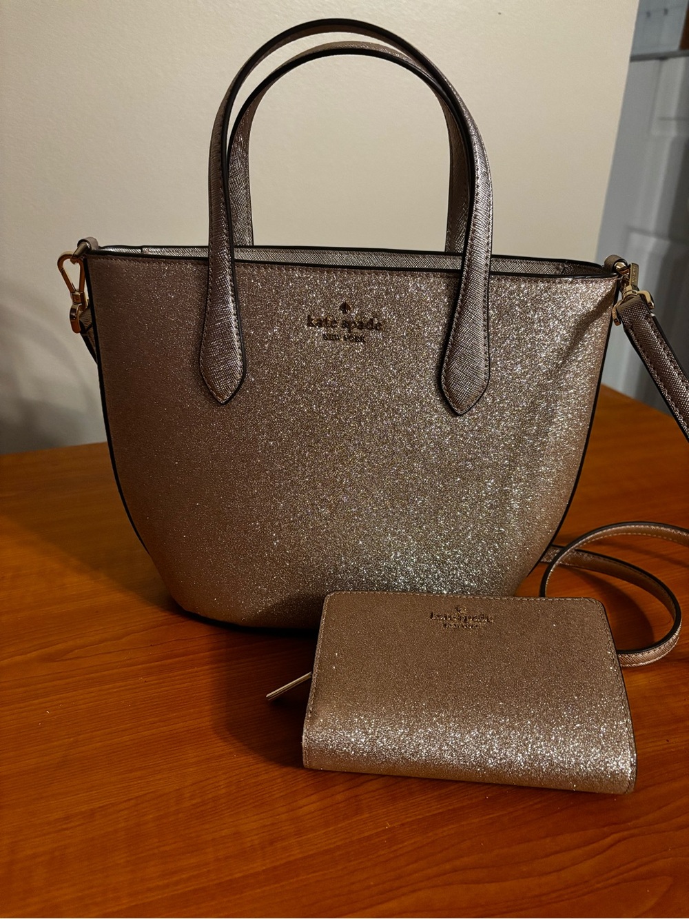 Kate Spade Glitter Metallic Gold Tote and Wallet